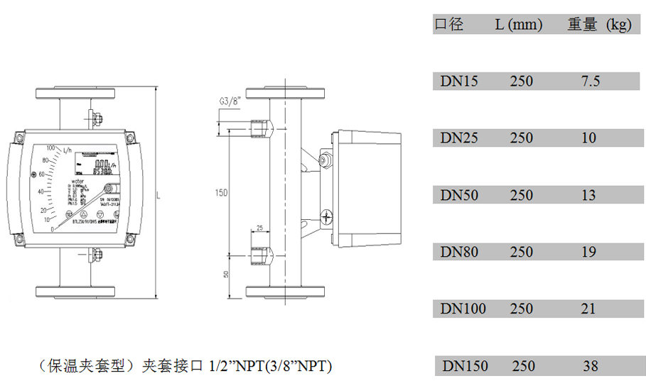 防腐型金屬管轉(zhuǎn)子流量計(jì)夾套型外形尺寸及重量